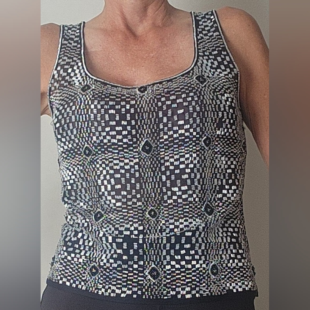 Escada Black & Silver Geometric Tank Top Size S Designer Knit Sleeveless